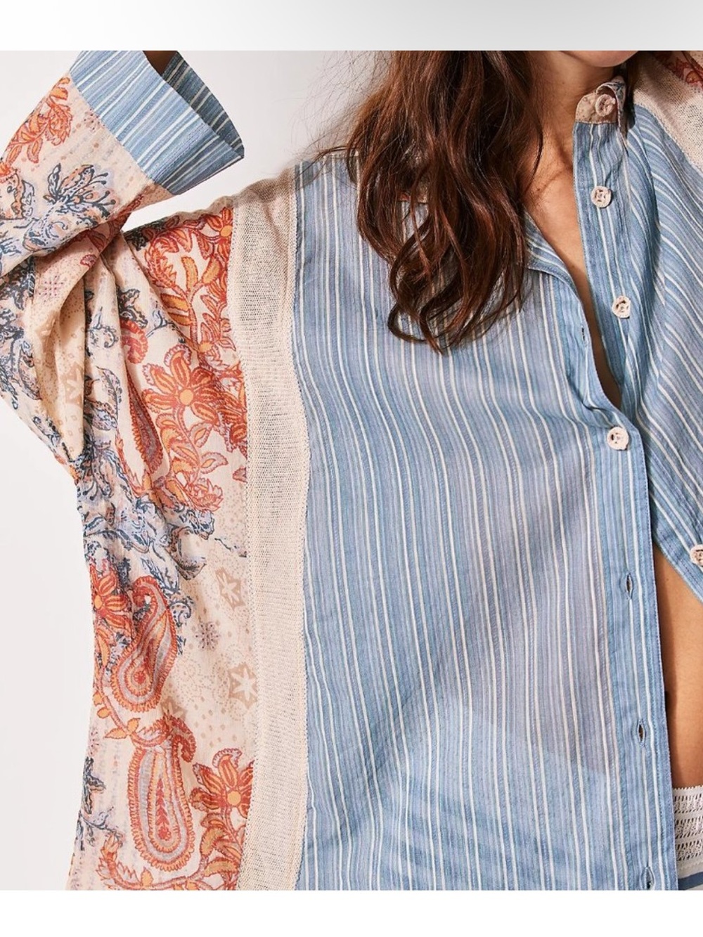 Free People Lucky In Love Mixed Media Oversized Boho Shirt Size Large - Picture 9 of 14
